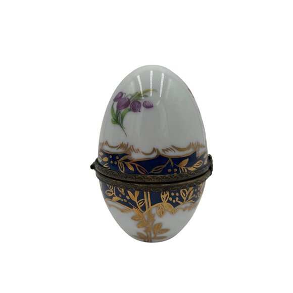 Vintage Limoges France Floral Porcelain Egg Trinket Box Hinged Lid Gold Detailin - Picture 2 of 8